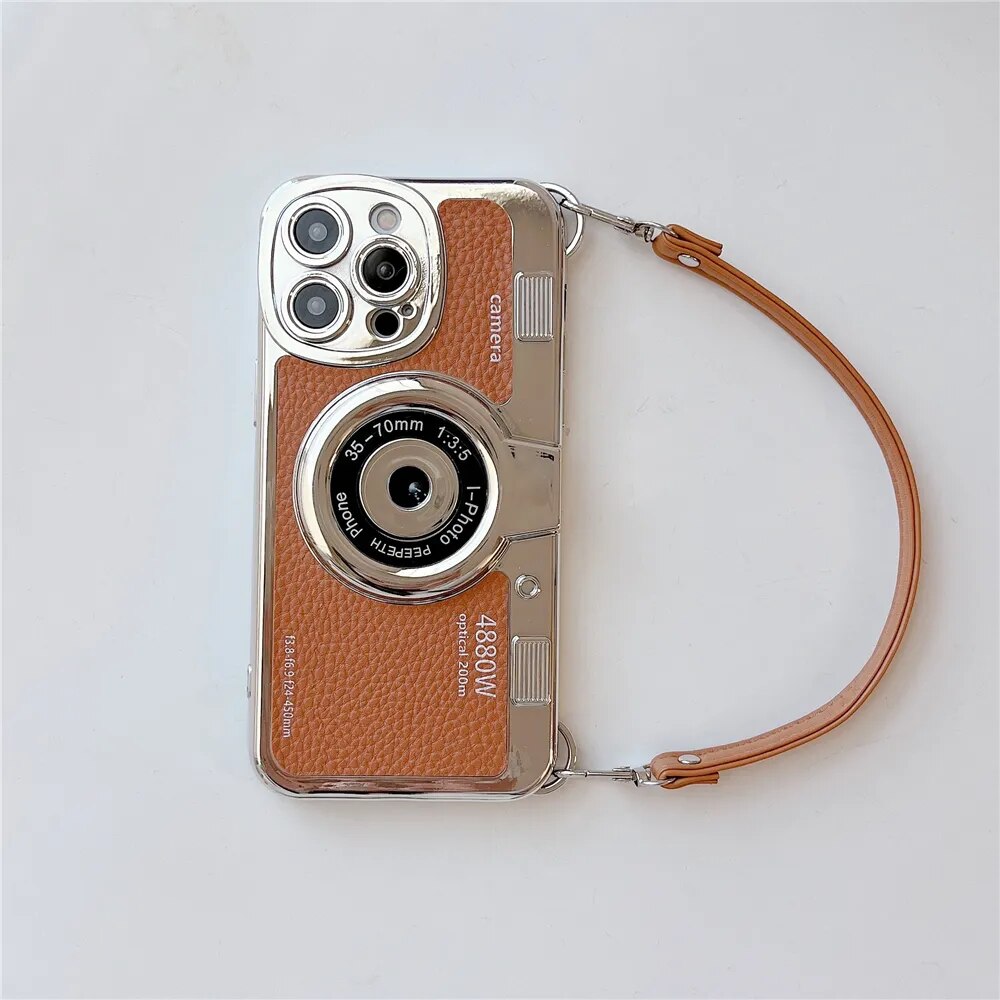 Japan Korean 3D luxury camera + hand strap couple gift case for iphone Series 11, 12, 13, 14, 15 leather pattern protect cover