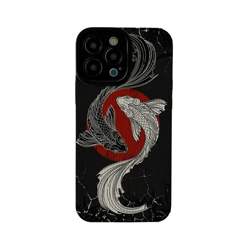 Black and White Cute Carp Oil Painting Phone Case for iPhone 15, 14, 13, 12, 11 Pro Max, Mini.