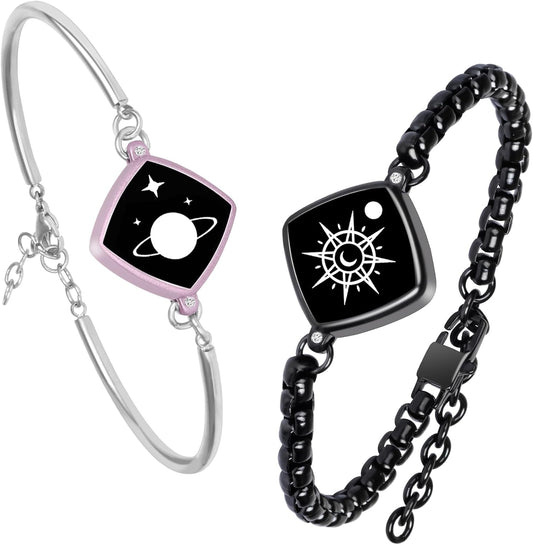 Dacida Long Distance Touch Bracelets Jewelry Set, Remote Smart Connection Love Bracelet,Send SOS SMS, Relationship Bracelets Moon Star for Couples Lovers Family Friends Festivals Valentine's Day Gifts Pink