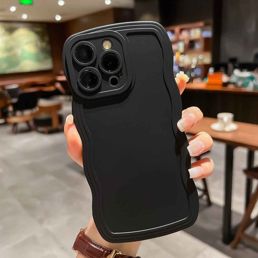 I-phone Back Cover for Apple iPhone 11, 12, 13, 14, 15 Series Curly Wave Shape Shockproof Bumper Soft Silicone Case with Camera Protection (Black)