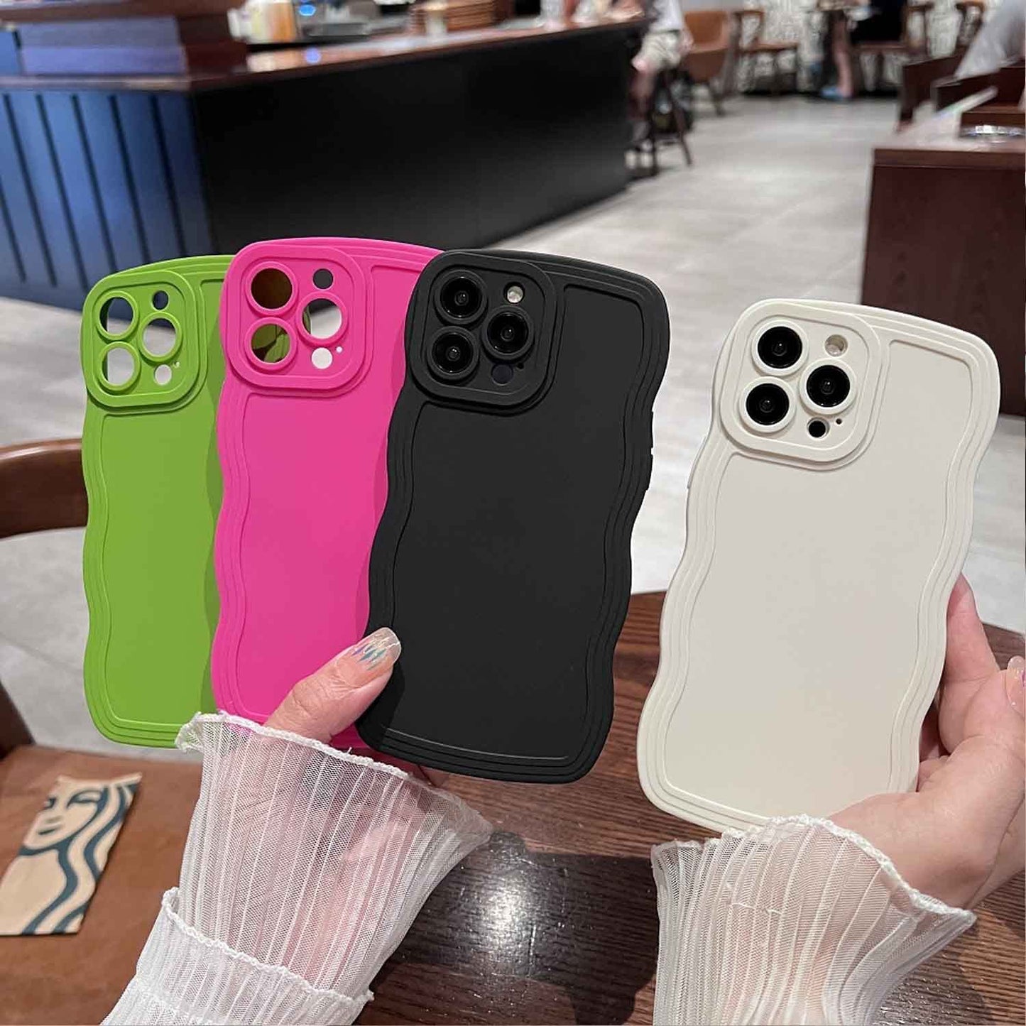 I-phone Back Cover for Apple iPhone 11, 12, 13, 14, 15 Series Curly Wave Shape Shockproof Bumper Soft Silicone Case with Camera Protection (Black)