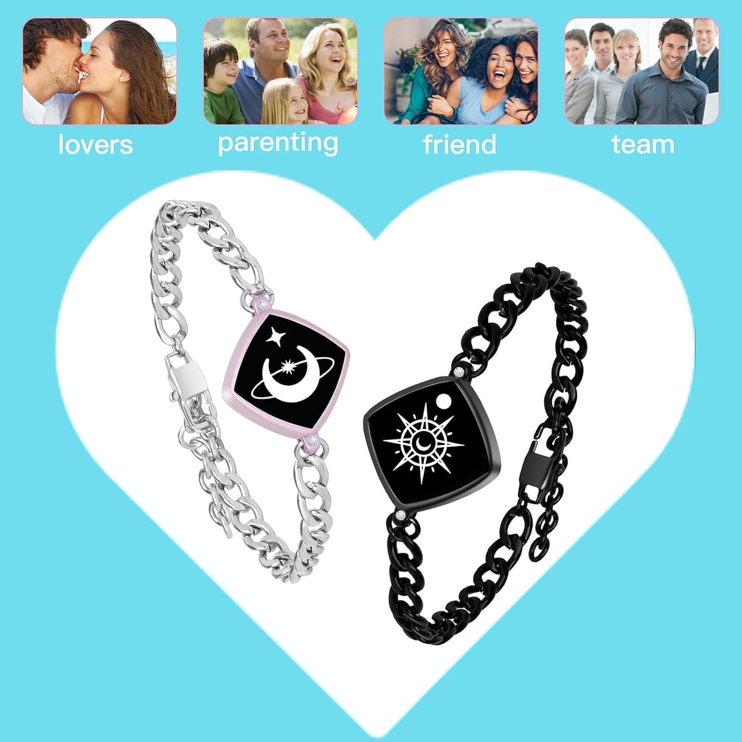 Dacida Long Distance Touch Bracelets Jewelry Set, Remote Smart Connection Love Bracelet,Send SOS SMS Relationship Bracelets Moon Star for Couples Lovers Family Friends Festivals Valentine's Day Gifts Pink