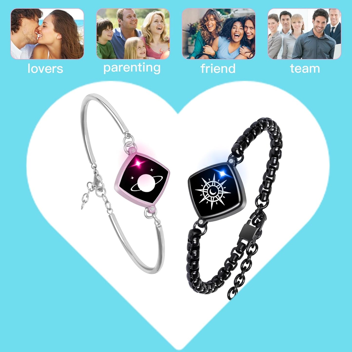 Dacida Long Distance Touch Bracelets Jewelry Set, Remote Smart Connection Love Bracelet,Send SOS SMS, Relationship Bracelets Moon Star for Couples Lovers Family Friends Festivals Valentine's Day Gifts Pink