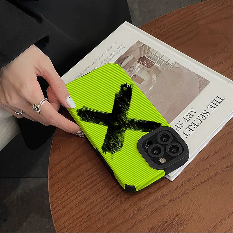 Fluorescence Green Cute Phone Case - Simple X Graffiti - For iPhone 15, 14, 13, 12, 11, Pro Max, Mini,