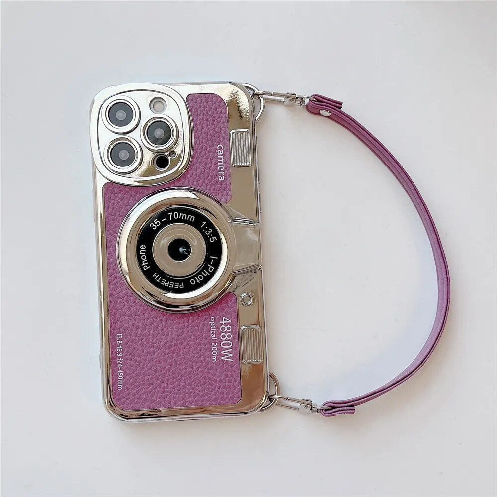 Japan Korean 3D luxury camera + hand strap couple gift case for iphone Series 11, 12, 13, 14, 15 leather pattern protect cover