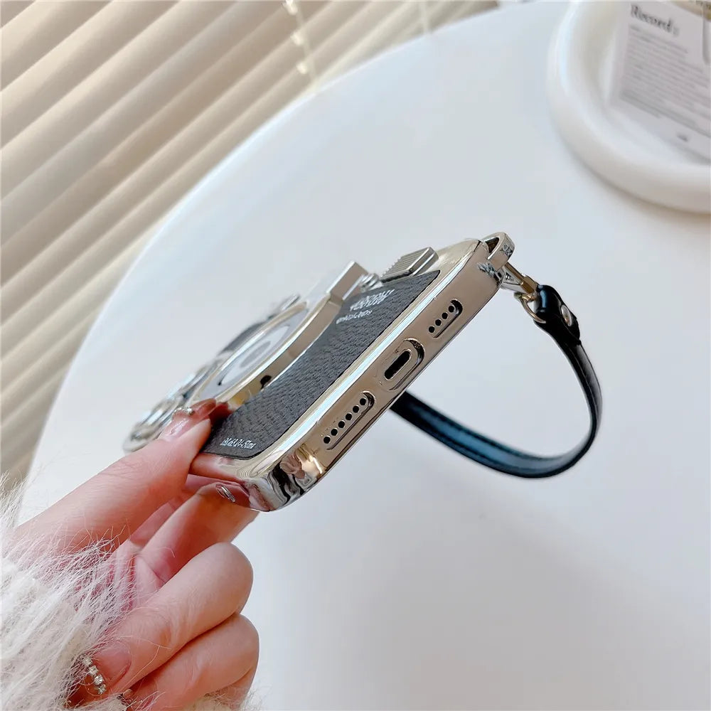 Japan Korean 3D luxury camera + hand strap couple gift case for iphone Series 11, 12, 13, 14, 15 leather pattern protect cover