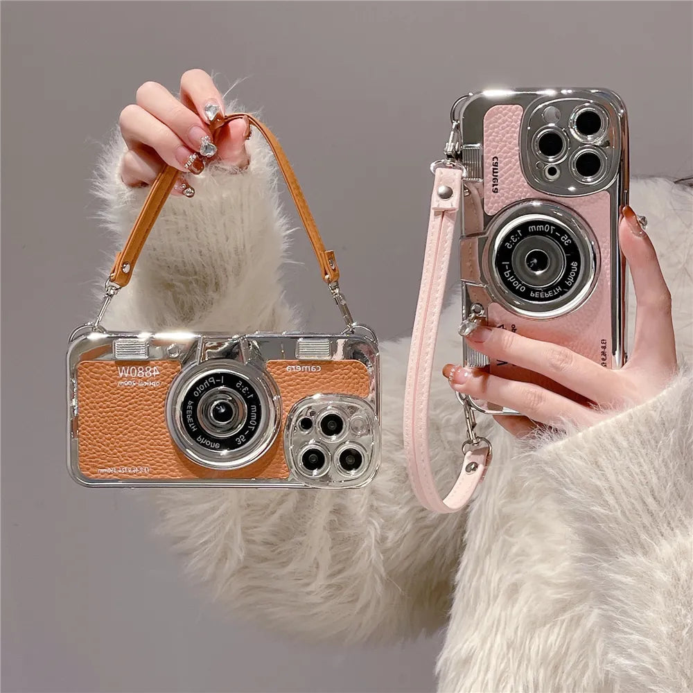 Japan Korean 3D luxury camera + hand strap couple gift case for iphone Series 11, 12, 13, 14, 15 leather pattern protect cover