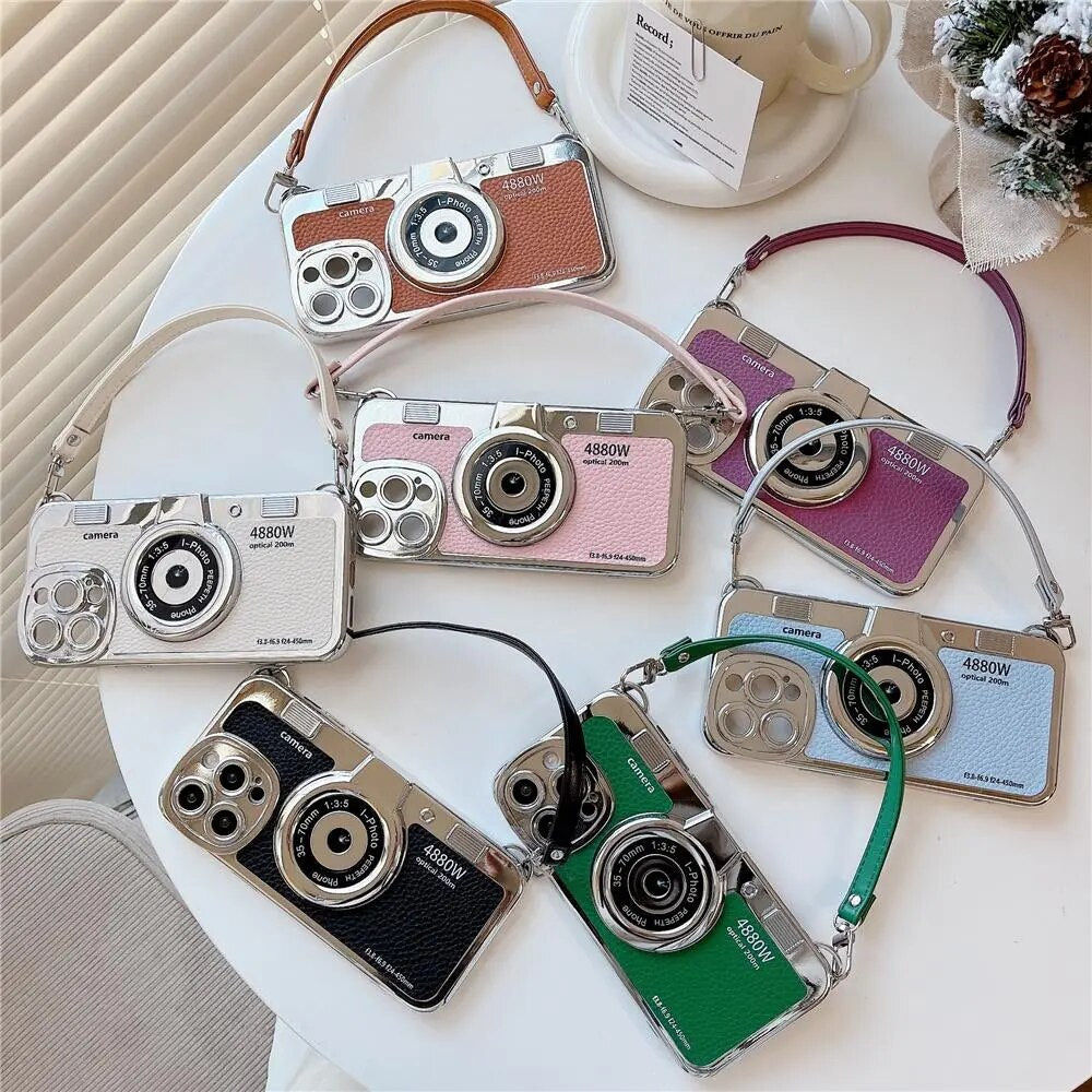 Japan Korean 3D luxury camera + hand strap couple gift case for iphone Series 11, 12, 13, 14, 15 leather pattern protect cover