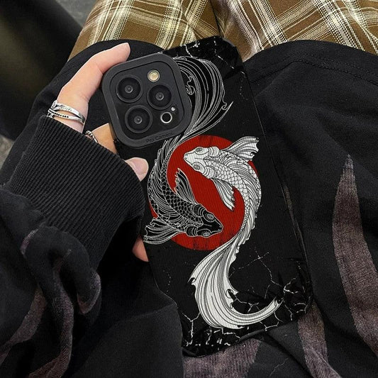 Black and White Cute Carp Oil Painting Phone Case for iPhone 15, 14, 13, 12, 11 Pro Max, Mini.