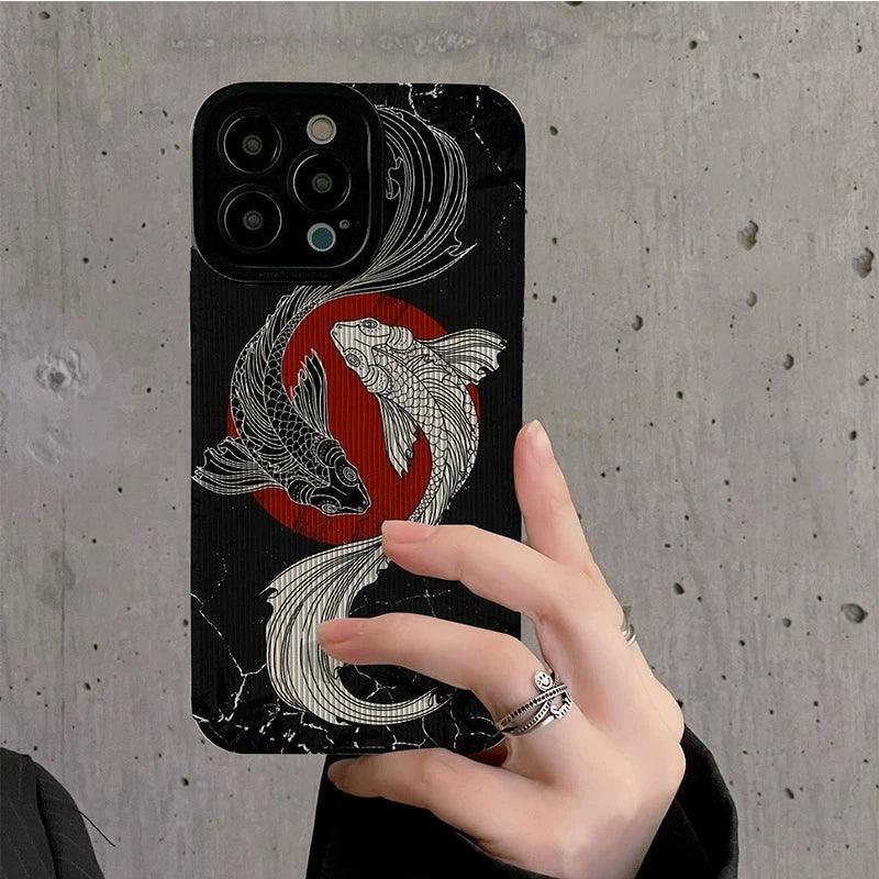 Black and White Cute Carp Oil Painting Phone Case for iPhone 15, 14, 13, 12, 11 Pro Max, Mini.