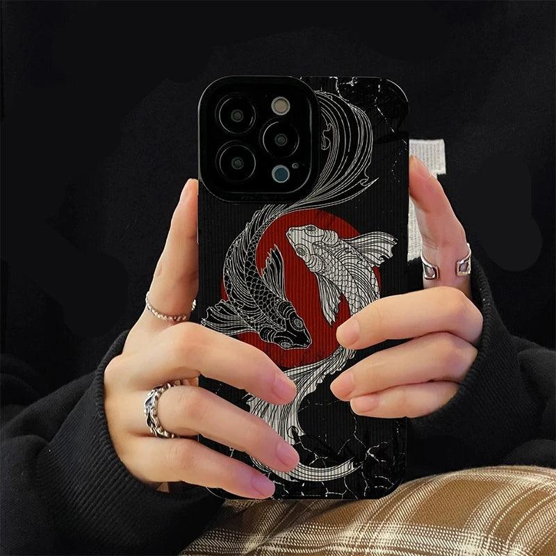 Black and White Cute Carp Oil Painting Phone Case for iPhone 15, 14, 13, 12, 11 Pro Max, Mini.