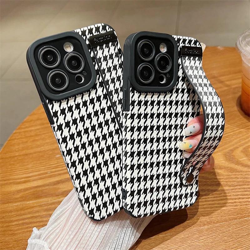 Cute Houndstooth Leather Phone Case for iPhone 15,14, 13, 12, 11 Pro Max,