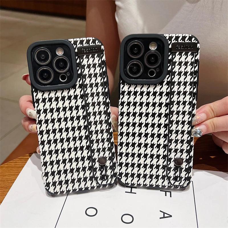 Cute Houndstooth Leather Phone Case for iPhone 15,14, 13, 12, 11 Pro Max,