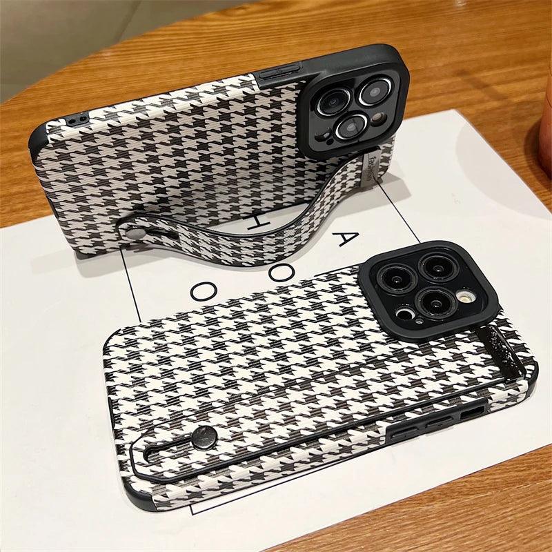 Cute Houndstooth Leather Phone Case for iPhone 15,14, 13, 12, 11 Pro Max,
