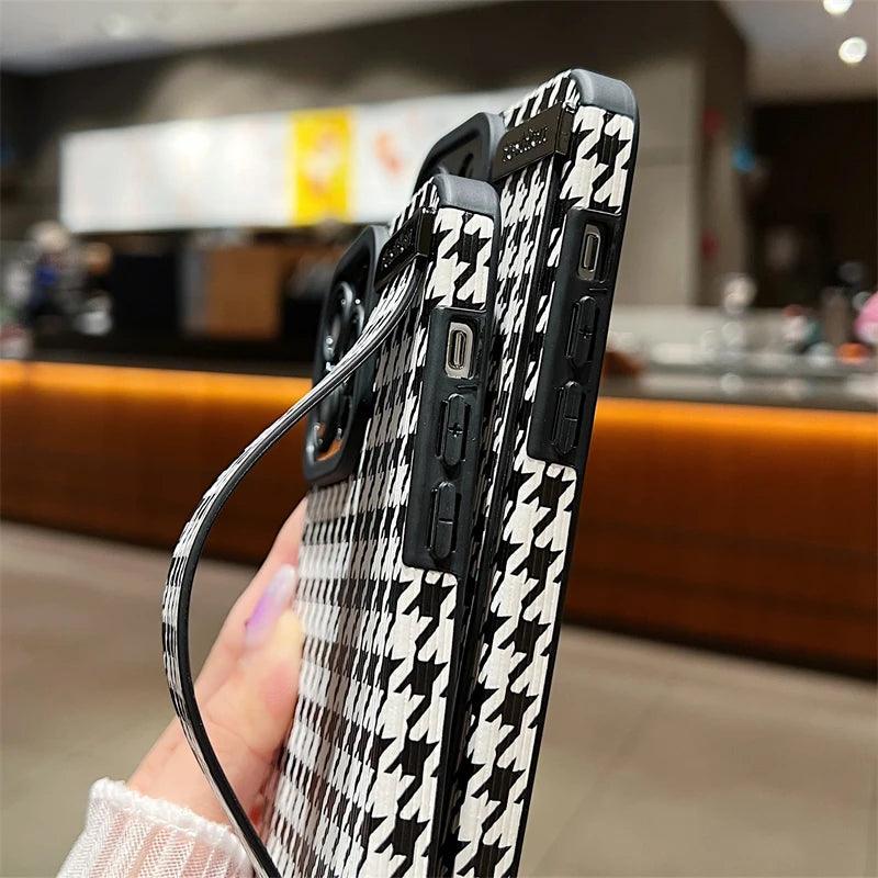 Cute Houndstooth Leather Phone Case for iPhone 15,14, 13, 12, 11 Pro Max,