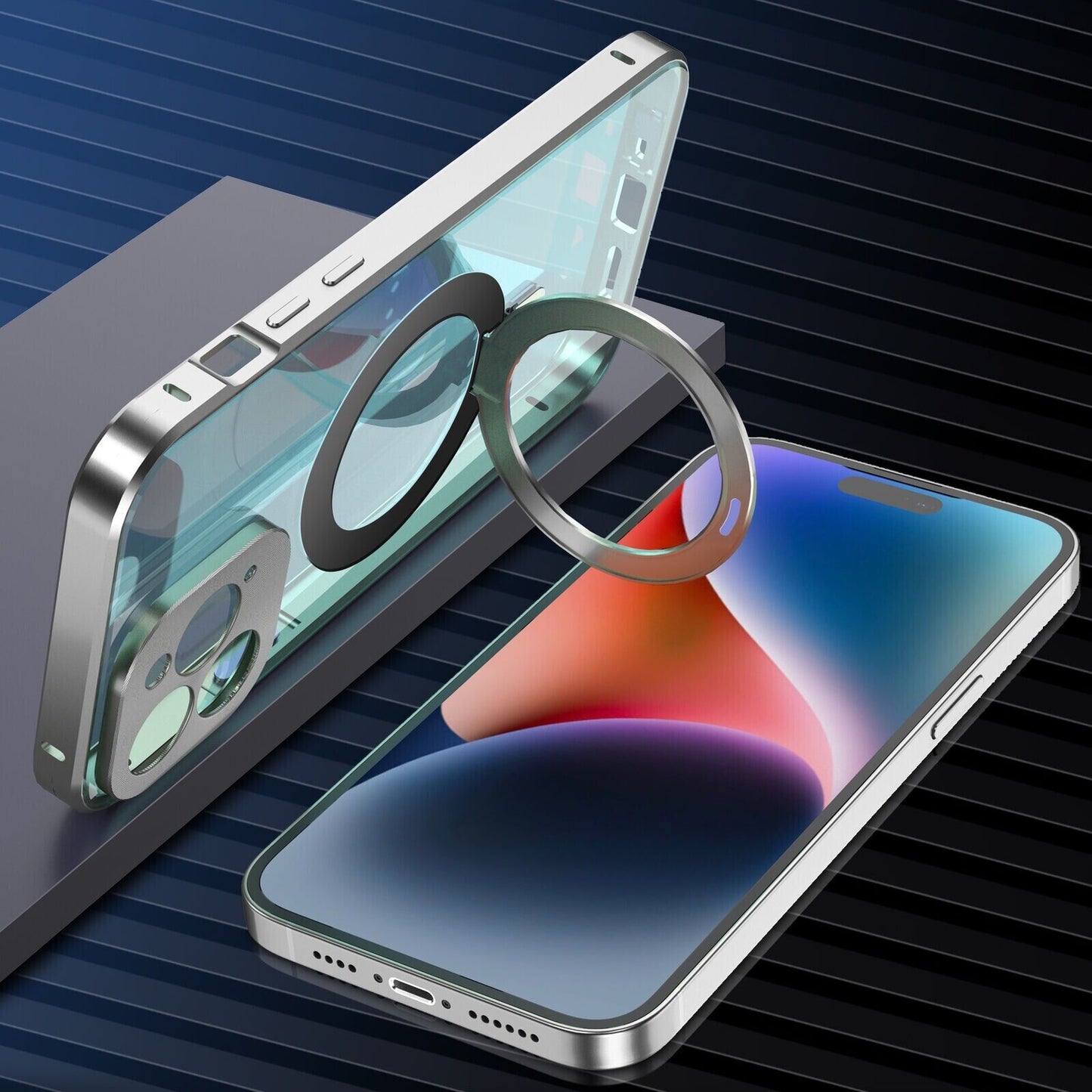 iPhone Metal Cover : [Front Screen Guard + Back Case] Magnetic Lock with MagSafe Stand
